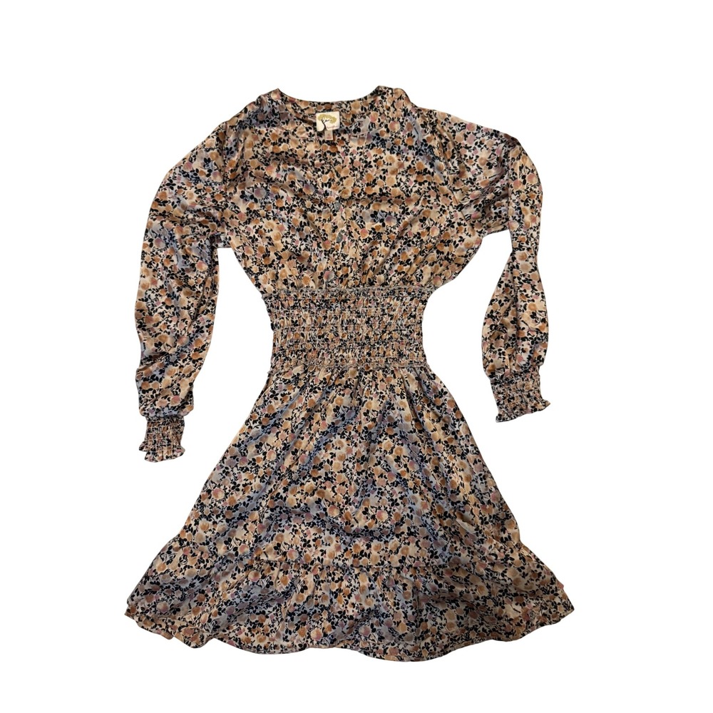 Fig and Flower Floral Smocked Waist V-Neck Long Sleeve Mini Dress Small Tan Pink